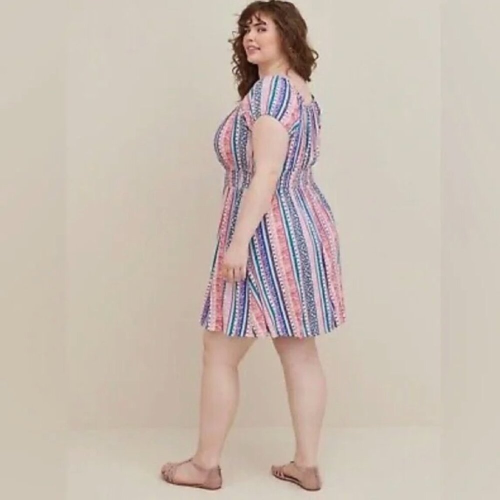 Torrid plus size 1x mini lenny smocked off shoulder dress floral stripe festival - Picture 2 of 8